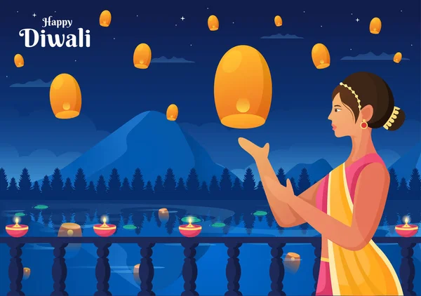 Индийцы Празднуют День Дивали Держа Фонари Зажигание Фейерверков Искусства Мандала — стоковый вектор