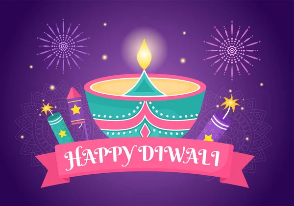 Happy Diwali Hindu Festival Antecedentes Ilustración Vectorial Con Linternas Fuegos — Vector de stock