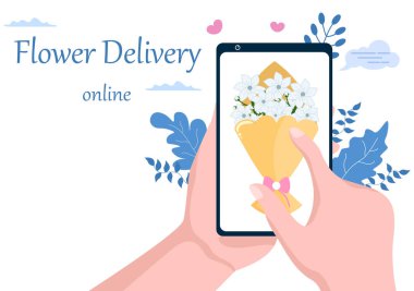 Çiçek Teslimatı, Çiçek Siparişi Veren Kuryeyle Çevrimiçi İş, Kamyonlar, Arabalar veya Motosikletler Kullanılıyor. Arkaplan Vektör İllüstrasyonu