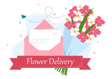 Çiçek Teslimatı, Çiçek Siparişi Veren Kuryeyle Çevrimiçi İş, Kamyonlar, Arabalar veya Motosikletler Kullanılıyor. Arkaplan Vektör İllüstrasyonu