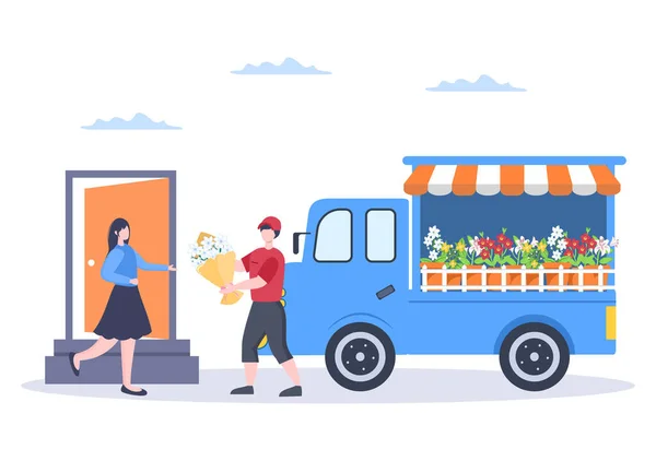 Flower Delivery Service Online Business Dengan Courier Holding Flowers Order - Stok Vektor