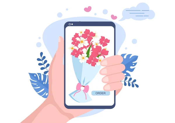 Virágküldés Szolgáltatás Online Üzleti Courier Holding Flowers Rendelés Csokor Teherautók — Stock Vector