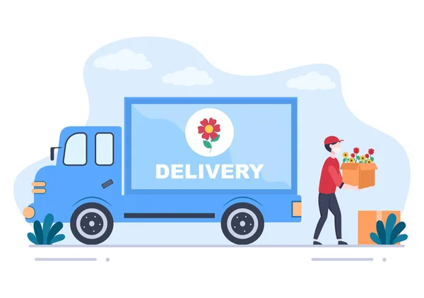 Flower Delivery Service Online Business Dengan Courier Holding Flowers Order - Stok Vektor