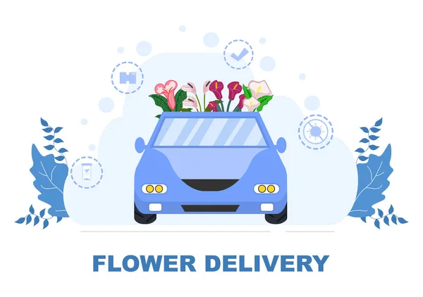 Virágküldés Szolgáltatás Online Üzleti Courier Holding Flowers Rendelés Csokor Teherautók — Stock Vector