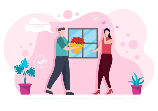 Flower Delivery Service Online Business Courier Holding Flowers Order Bouquet — стоковий вектор