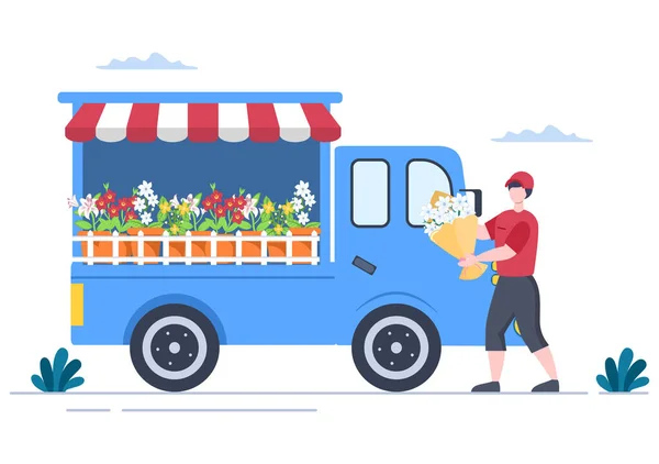 Virágküldés Szolgáltatás Online Üzleti Courier Holding Flowers Rendelés Csokor Teherautók — Stock Vector