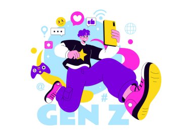 Gen Z Lifestyle Vector Illustration Featuring Growing Up with Internet and Digital Technology, Smartphones and Social Media in a Flat Style Background