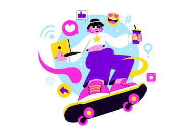 Gen Z Lifestyle Vector Illustration Featuring Growing Up with Internet and Digital Technology, Smartphones and Social Media in a Flat Style Background