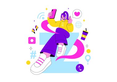 Gen Z Lifestyle Vector Illustration Featuring Growing Up with Internet and Digital Technology, Smartphones and Social Media in a Flat Style Background
