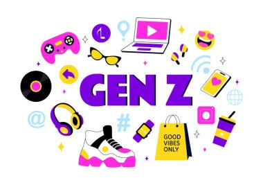 Gen Z Lifestyle Vector Illustration Featuring Growing Up with Internet and Digital Technology, Smartphones and Social Media in a Flat Style Background
