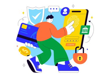 Digital Banking Security Vector Illustration Featuring Secure Payment System for Online Transactions, Investment and Financial Assets Safely