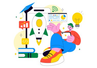 EdTech Başlangıç Vektörü İllüstrasyonu E-Öğrenme, Modern Eğitim Platformu ve Çevrimiçi Öğrenme Teknolojisi İnovasyonunda Fırsatlar