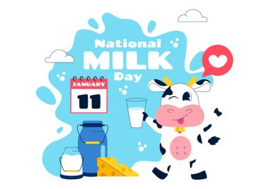 Süt Şişe ve Şirin İnek İçeren Süt Ürünleri Düz Biçimli Çizgi Film Arkaplanında Dünya Süt Günü Vektör Resimleri