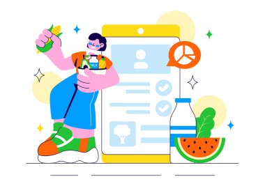 Sağlıklı Gıda, Diyet Planlama ve Düz Tarzlı Kalori Kontrolü içeren Kişiselleştirilmiş Beslenme Planı Vektör İlülasyonu