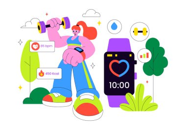 Yaşam tarzı, çalışma şekli ve kalp atış hızı gözlemleme için çokluortam uygulamaları ile Smartwatch Tracker ile Akıllı Giyinilebilir Fitness Bant Vektörü İlülasyonu