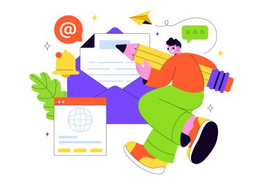 E- posta Servisi Vektör İllüstrasyonu Dosya Yazışmaları Teslimatı, Elektronik Posta İletişim ve Düz Arkaplanda İş Pazarlaması