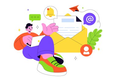 E- posta Servisi Vektör İllüstrasyonu Dosya Yazışmaları Teslimatı, Elektronik Posta İletişim ve Düz Arkaplanda İş Pazarlaması