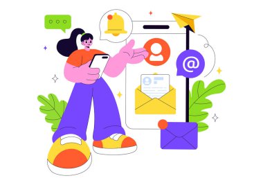 E- posta Servisi Vektör İllüstrasyonu Dosya Yazışmaları Teslimatı, Elektronik Posta İletişim ve Düz Arkaplanda İş Pazarlaması