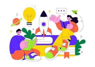 Kitap Haftası Olayları Vektör İllüstrasyonu Okuma ve Öğrencilerin Düz Biçimli Çizgi Film Arkaplanında Okuma ve Okuma Kitapları Okumasıyla