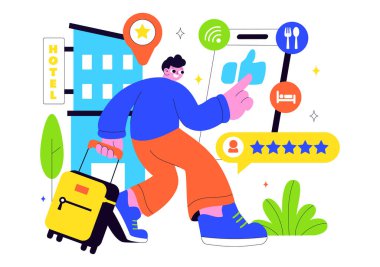 Derecelendirme Servisleri, Kullanıcı Memnuniyeti ve Düz Stil Çizgi Arkaplan Müşteri Deneyimleri içeren Hotel Reviews Vector Illustration