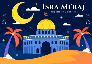 Isra Mi 'raj Vektör İllüstrasyonu, Hz. Muhammed' in Camii ve Feneri 'nin İslami Tatil Dönemi Arkaplanındaki Gece Yolculuğu
