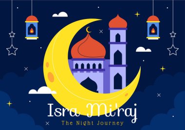 Isra Mi 'raj Vektör İllüstrasyonu, Hz. Muhammed' in Camii ve Feneri 'nin İslami Tatil Dönemi Arkaplanındaki Gece Yolculuğu