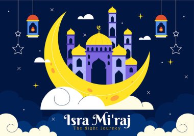 Isra Mi 'raj Vektör İllüstrasyonu, Hz. Muhammed' in Camii ve Feneri 'nin İslami Tatil Dönemi Arkaplanındaki Gece Yolculuğu