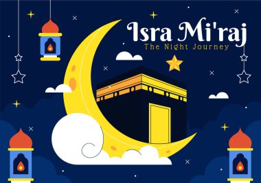 Isra Mi 'raj Vektör İllüstrasyonu, Hz. Muhammed' in Camii ve Feneri 'nin İslami Tatil Dönemi Arkaplanındaki Gece Yolculuğu
