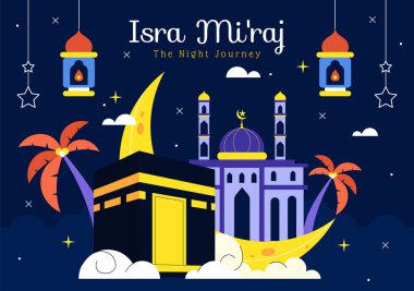 Isra Mi 'raj Vektör İllüstrasyonu, Hz. Muhammed' in Camii ve Feneri 'nin İslami Tatil Dönemi Arkaplanındaki Gece Yolculuğu