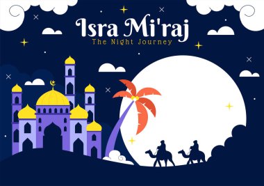 Isra Mi 'raj Vektör İllüstrasyonu, Hz. Muhammed' in Camii ve Feneri 'nin İslami Tatil Dönemi Arkaplanındaki Gece Yolculuğu