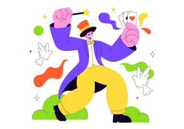 Sihirbaz Vektör İllüzyonu Sihirbaz Sihirbaz Sihirbazlık Numaraları ve Sihirli Asayı Düz Çizgi Filmde Bir Sahnede Şapkasının Üzerinde Sallıyor