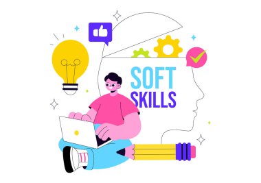 Office Workers Demonstrating Soft Skills Vector Illustration Such as Empathy, Communication, Idea Development, Teamwork, and Professional Growth