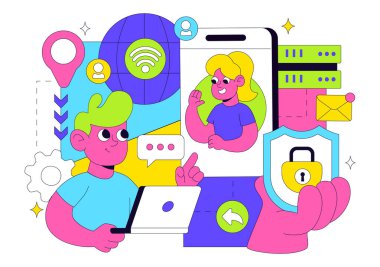 Gizli Şirket Bilgilerini ve Web Sitesini Düz Çizgi Film Arkaplanında Paylaşmak için İnternet Ağı Bağlantısı Teknoloji Vektörü İllüstrasyonu