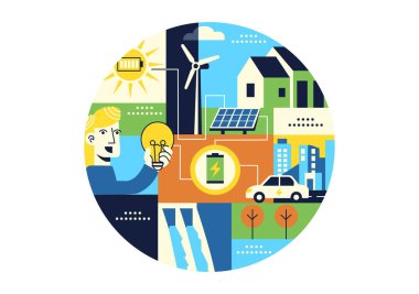 Temiz Enerji İcat Vektörü İllüstrasyonu Yenilenebilir Kaynaklar ve Hidroelektrik Teknolojisi tarafından desteklenen Modern Sürdürülebilir Tasarım