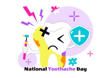 Ulusal Diş Ağrısı Günü Vektör İlüstrasyonu 9 Şubat 'ta, bakterilerin ve mikropların arka planda oluşturduğu acıyı önlemek için diş hijyenini destekleme