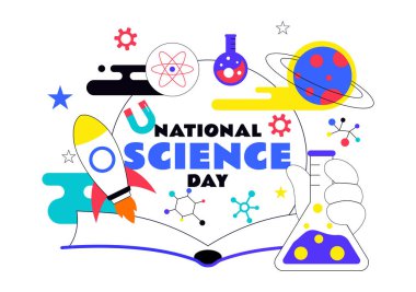 Ulusal Bilim Günü Vektör İlülasyonu 28 Şubat 'ta Kimyasal Sıvı, Bilimsel Elementler, Tıbbi ve Araştırma Arkaplanda