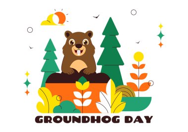 2 Şubat 'taki Köstebek Günü Vektör İlülasyonu' nda Topraklı ve Bahçeli Çizgi Film Arkaplanından Bir Köstebek Çıkıyor