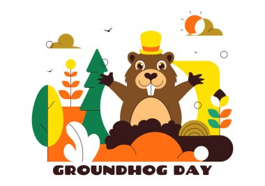 2 Şubat 'taki Köstebek Günü Vektör İlülasyonu' nda Topraklı ve Bahçeli Çizgi Film Arkaplanından Bir Köstebek Çıkıyor