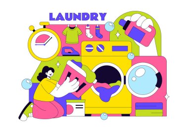 Çamaşır Odası Vektör İllüstrasyonunda Çamaşır ve Kurutma Makineleri, Kirli Giysilerle Dolu Sepet Düz Çizgi Film Arkaplanı