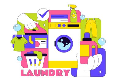 Çamaşır Odası Vektör İllüstrasyonunda Çamaşır ve Kurutma Makineleri, Kirli Giysilerle Dolu Sepet Düz Çizgi Film Arkaplanı
