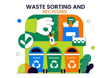 Arkaplanda Sürdürülebilir Çevre Yönetimi ve Çevre dostu Uygulamaları Gösteren Atık Sıralama ve Geri Dönüşüm Kavramsal Vektör İlülasyonu