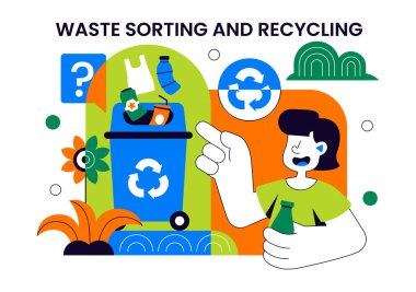 Arkaplanda Sürdürülebilir Çevre Yönetimi ve Çevre dostu Uygulamaları Gösteren Atık Sıralama ve Geri Dönüşüm Kavramsal Vektör İlülasyonu
