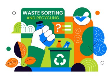 Arkaplanda Sürdürülebilir Çevre Yönetimi ve Çevre dostu Uygulamaları Gösteren Atık Sıralama ve Geri Dönüşüm Kavramsal Vektör İlülasyonu