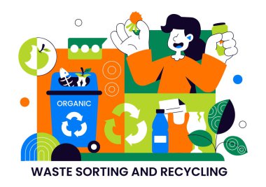 Arkaplanda Sürdürülebilir Çevre Yönetimi ve Çevre dostu Uygulamaları Gösteren Atık Sıralama ve Geri Dönüşüm Kavramsal Vektör İlülasyonu