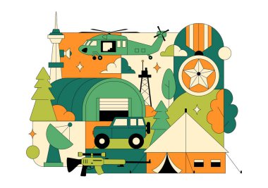 Military Army Forces Vector Illustration Featuring Soldiers, Weapons, Tanks, Heavy Protective Equipment In Flat Style Cartoon Background