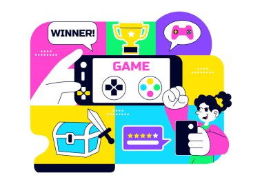 Mobil Oyun Topluluğu Vektör İllüstrasyonu Çevrimiçi Oyuncular Etkileşimini, Esports Ekibi Çalışmasını ve Bir Arkaplanda Dijital Eğlence Ağı Gösteriyor