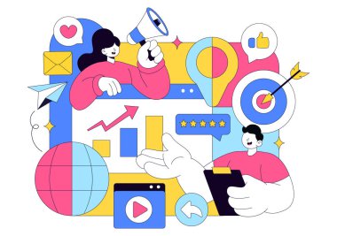 Halkla İlişkiler Pozitif Vektör İllüstrasyonu Başarılı Marka Reklamcılığı, İtibar Yönetimi ve Dijital Pazarlama Geri Dönüşü