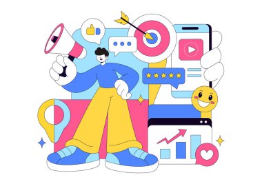 Halkla İlişkiler Pozitif Vektör İllüstrasyonu Başarılı Marka Reklamcılığı, İtibar Yönetimi ve Dijital Pazarlama Geri Dönüşü