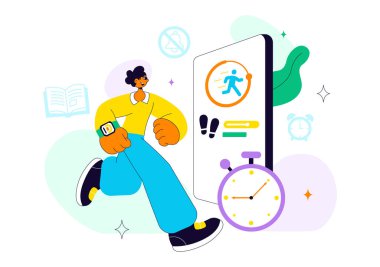 Dijital Refah Yaşam Tarzı Vektör İllüzyonu Sağlıklı Teknoloji Dengesi, Düşünceli Çevrimiçi Alışkanlıklar ve Modern Sağlık Geçmişi