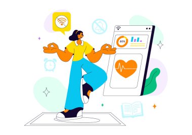 Dijital Refah Yaşam Tarzı Vektör İllüzyonu Sağlıklı Teknoloji Dengesi, Düşünceli Çevrimiçi Alışkanlıklar ve Modern Sağlık Geçmişi